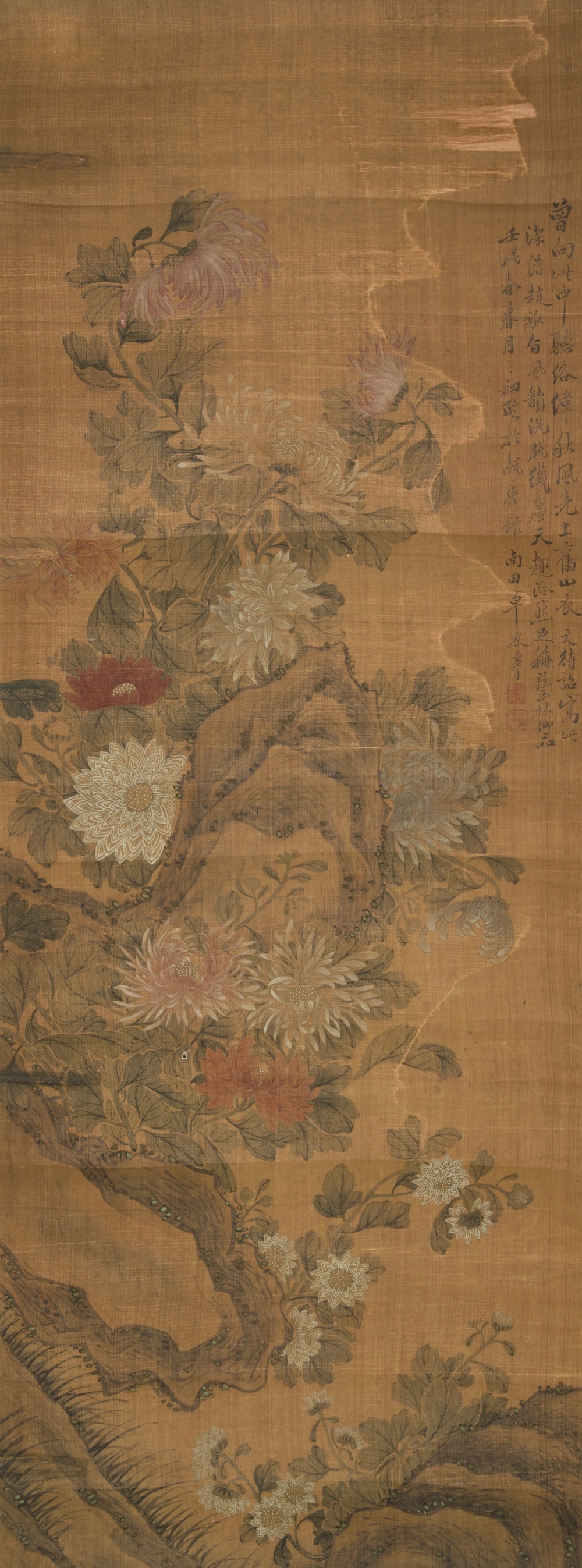 Yun Shou Ping (China, 1633-1690): Bloemen op een rots, inkt en kleur op zijde, gemonteerd